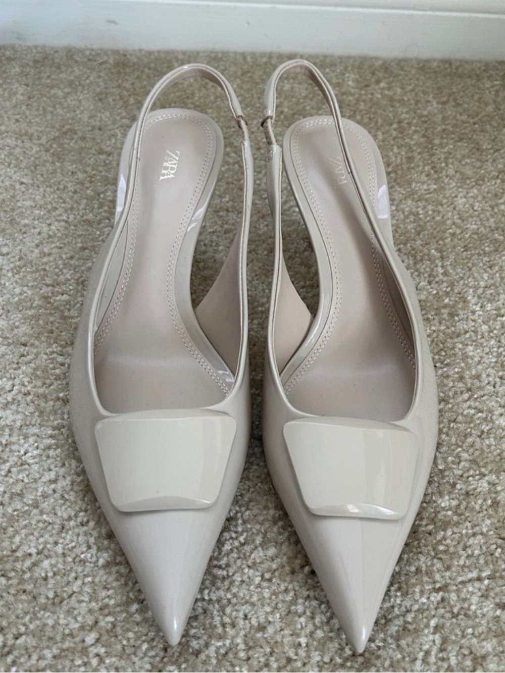 Zara Cream Patent Pointed Slingback Heels